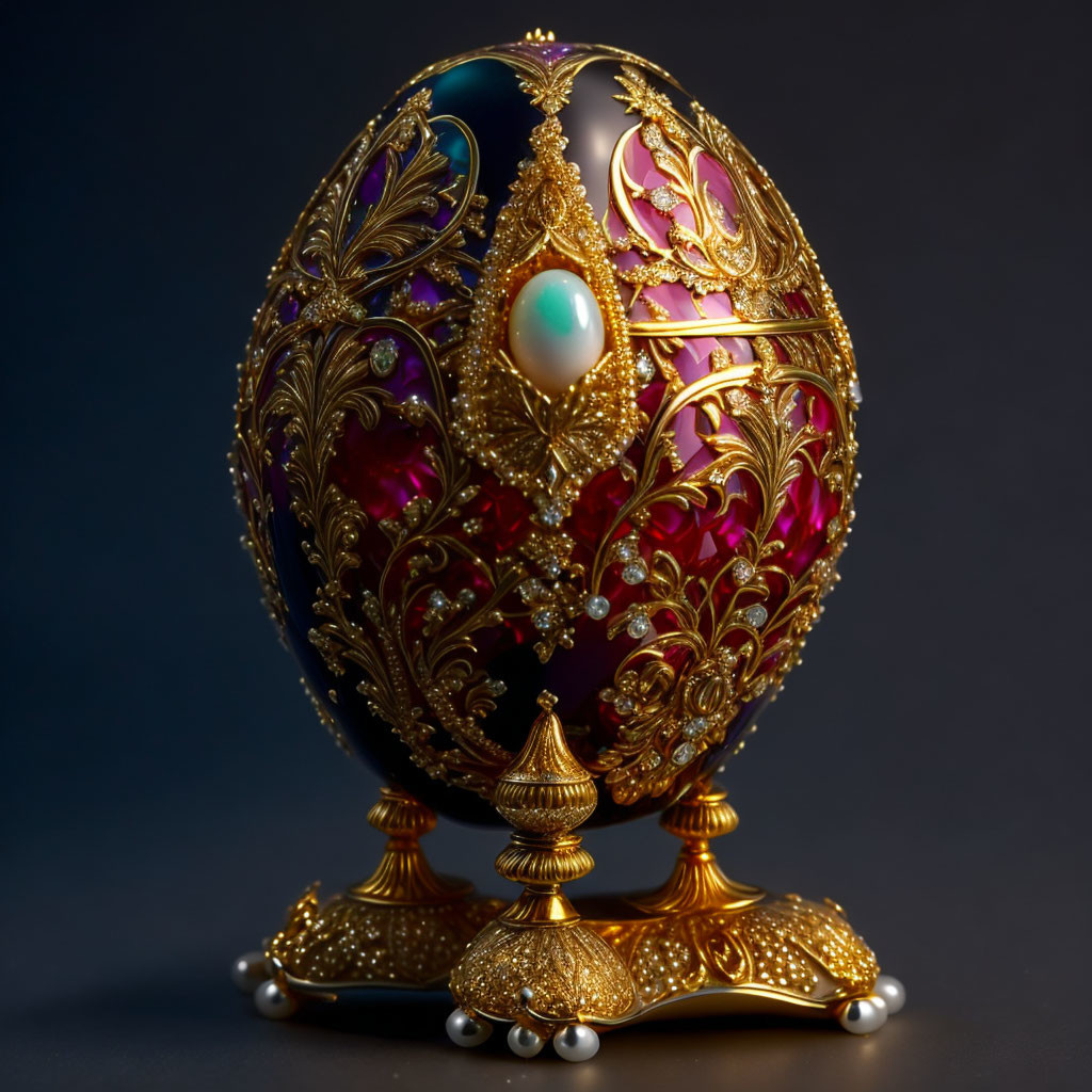 Luxurious jeweled egg with gold filigree, pearls, and gemstones on gold stand