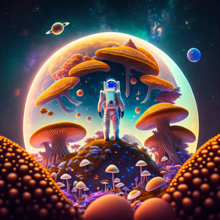 Astronaut on alien landscape with giant mushrooms and celestial bodies