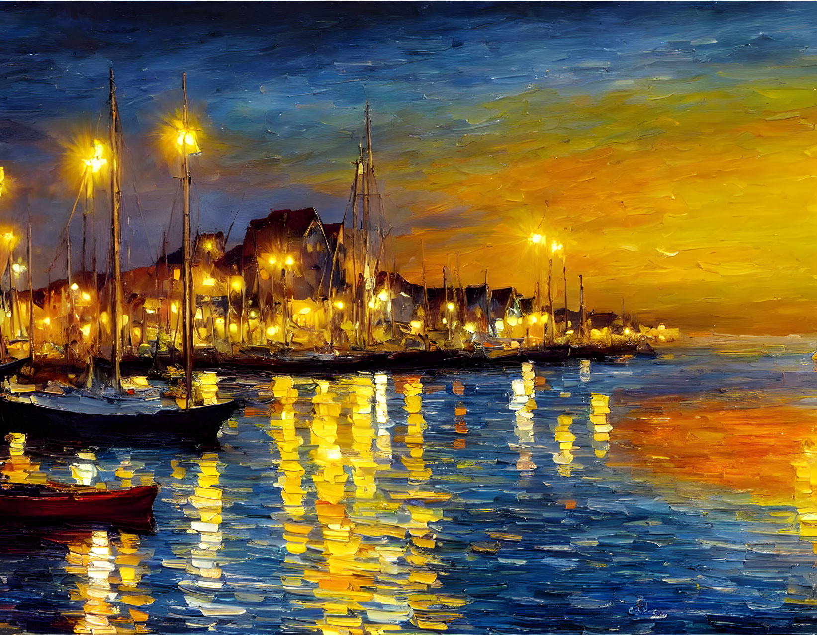 Vibrant harbor painting: illuminated boats on water at night