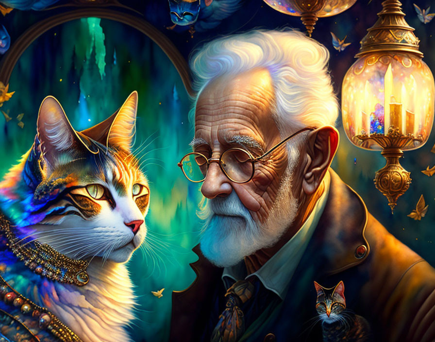 Elderly man with white beard and glasses beside colorful cat and northern lights.