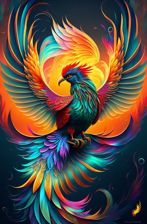 Colorful Mythical Phoenix Illustration on Dark Background