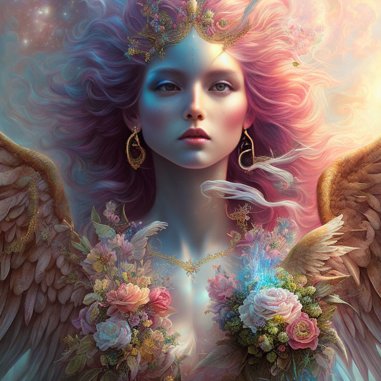 Fantastical angelic woman with pink hair, golden crown, and detailed wings.