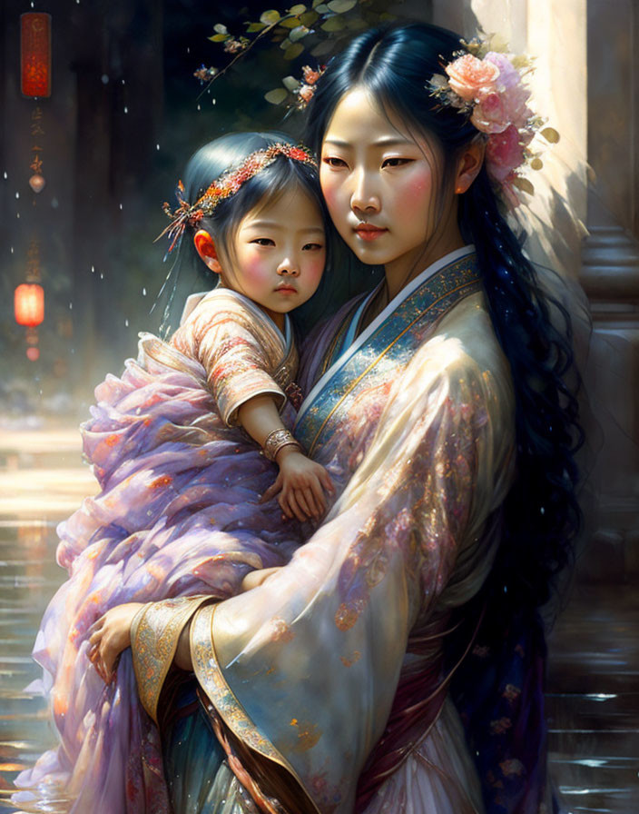 Traditional Attired Woman Holding Child in Ornate Dress