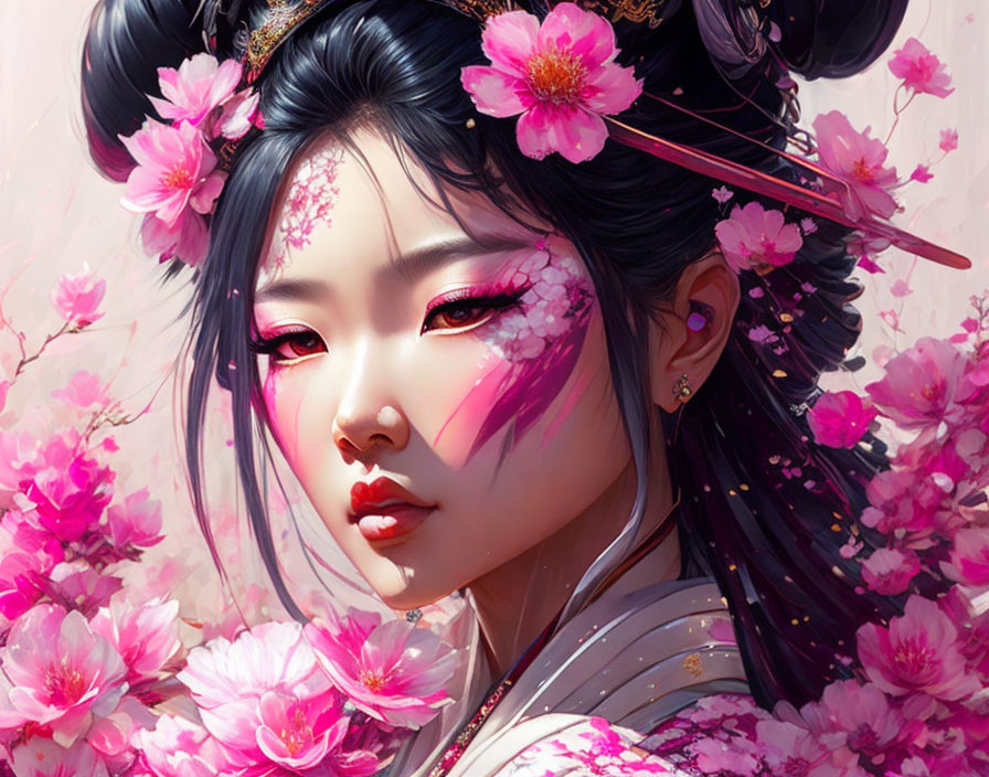 Digital artwork: Woman with elaborate hairstyle, pink flowers, intricate face makeup