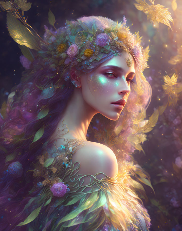 Ethereal woman with floral crown in magical forest