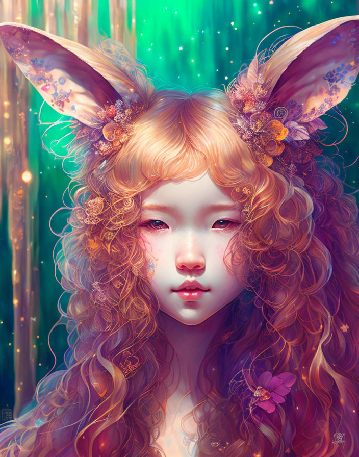 Fantastical portrait of a person with curly hair and pointed ears in serene expression.