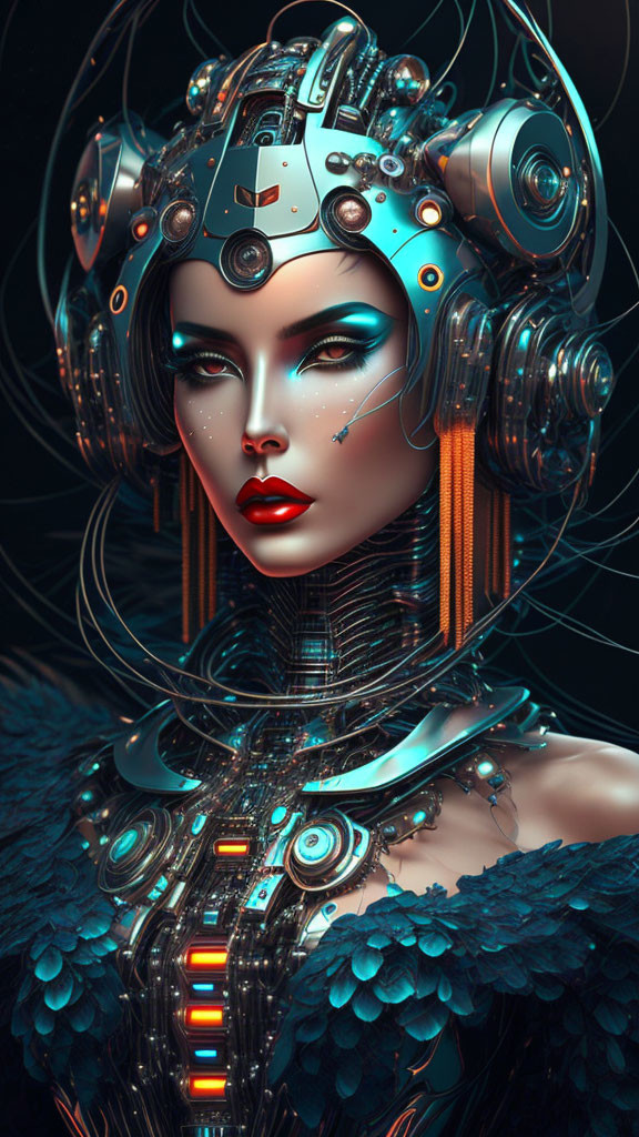 Silver headgear, glowing elements, feathered shoulders on futuristic female android