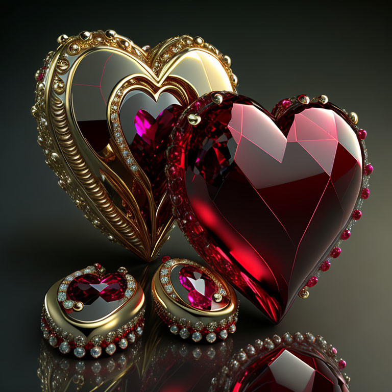 Luxurious Heart-themed Jewelry with Gem Textures on Dark Background