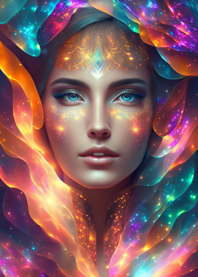 Vibrant cosmic-inspired makeup on woman in digital portrait