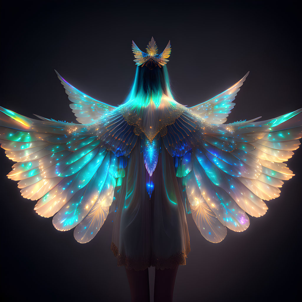 Person with Luminous Blue Bird-like Wings in Mystical Setting