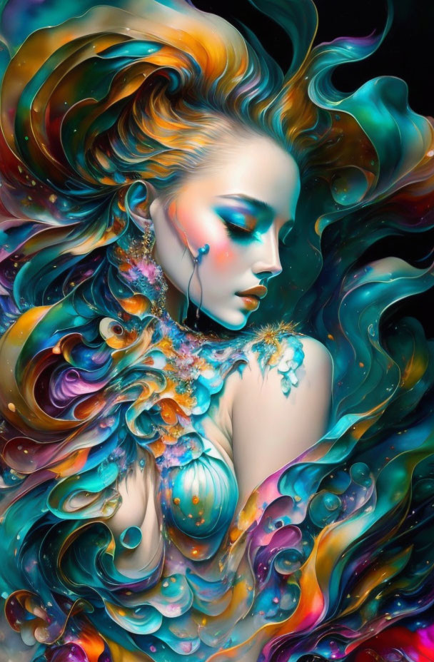 Colorful surreal portrait of a woman with swirling hair and ornate details