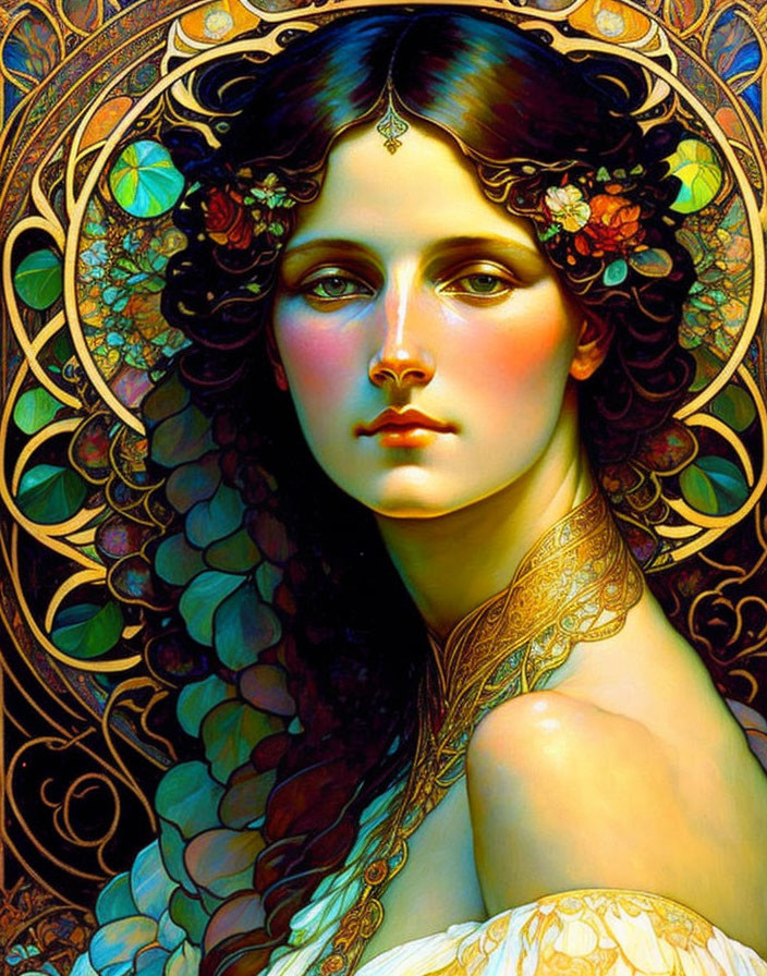 Colorful Art Nouveau Portrait of Woman with Flowing Hair & Floral Decorations