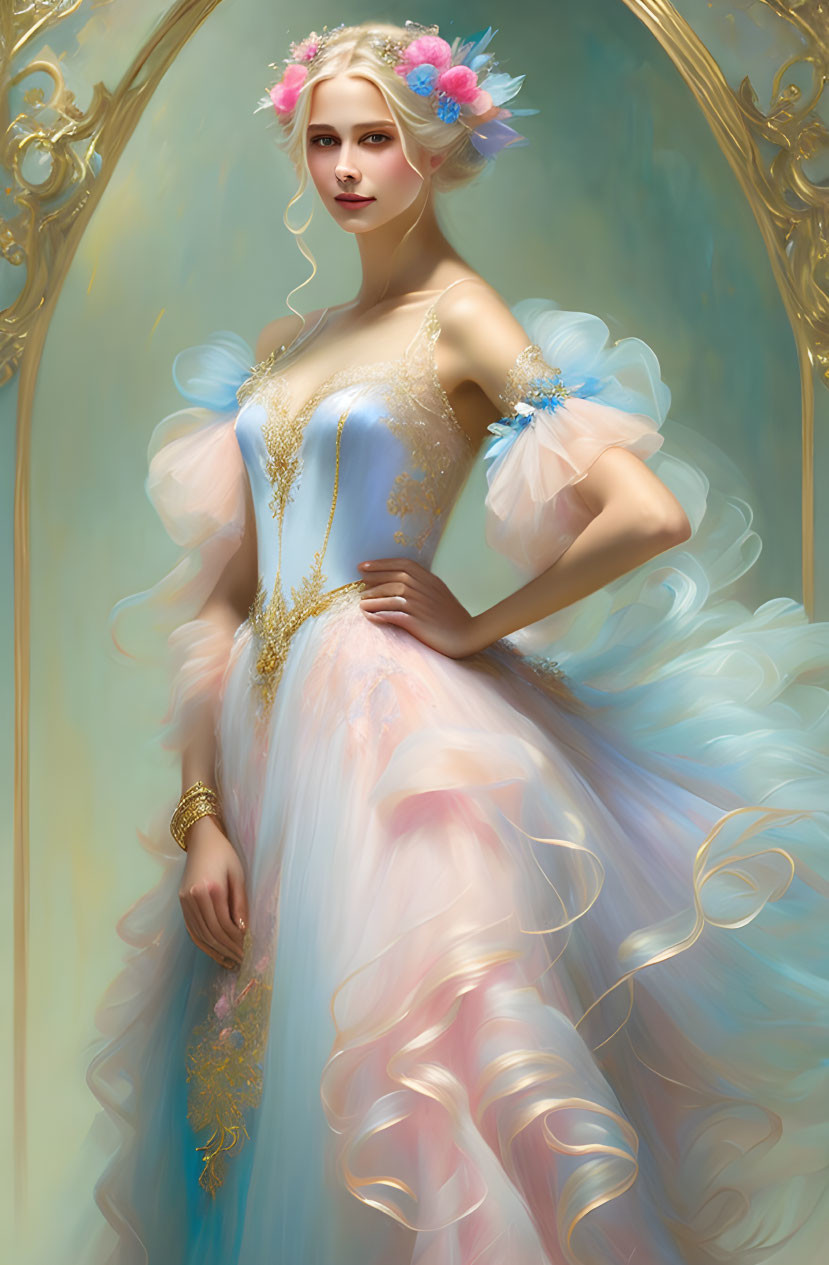 Elegant woman in pastel ball gown with floral accents and gold jewelry