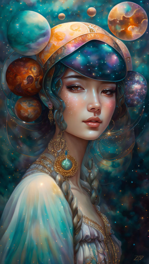 Fantastical portrait of a woman with galaxy-themed headdress and cosmic attire