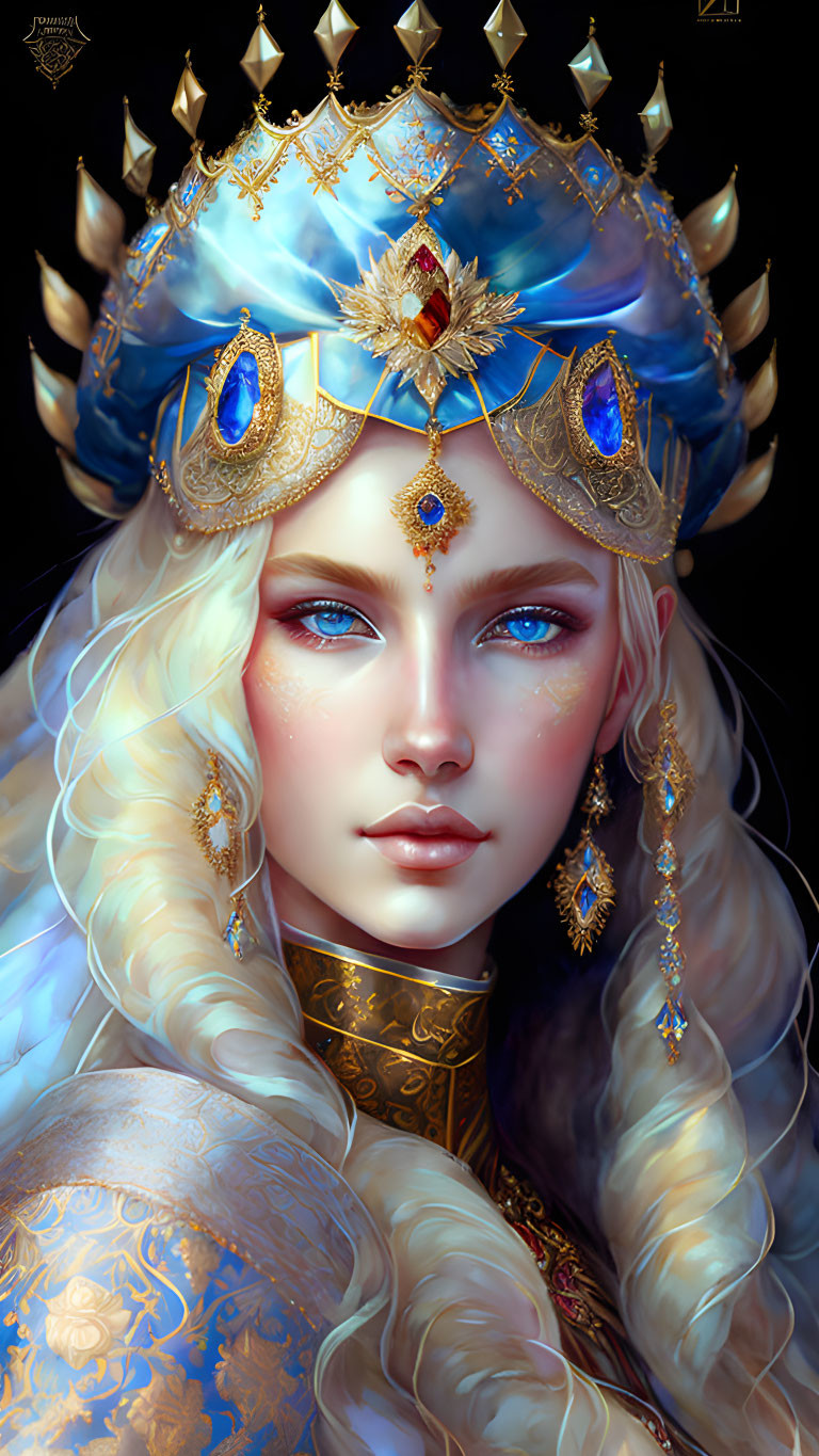 Digital artwork featuring woman with blue eyes, blonde hair, and ornate crown.