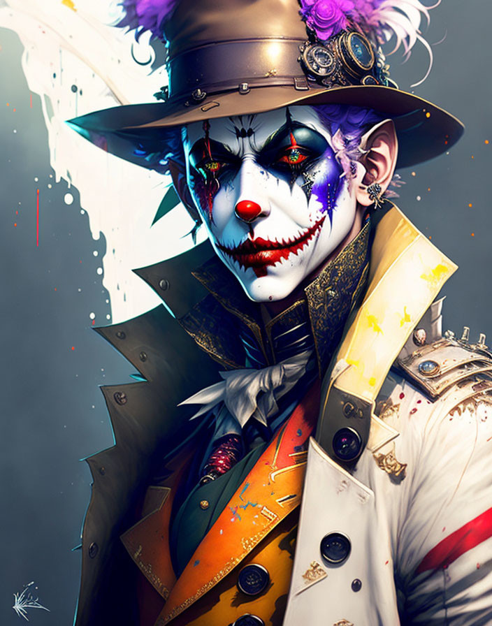 Colorful Clown with Top Hat and Dramatic Makeup in Stylish Outfit Smirks on Grey