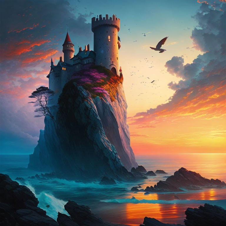 Majestic castle on cliff overlooking ocean at sunset