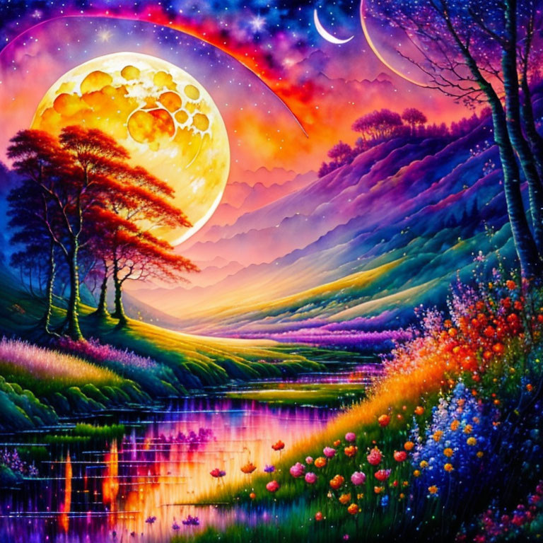 Colorful Fantasy Landscape with Large Moon and Reflective River