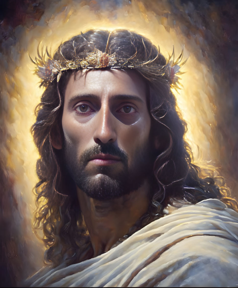 Man with solemn expression and crown of thorns in soft glowing light