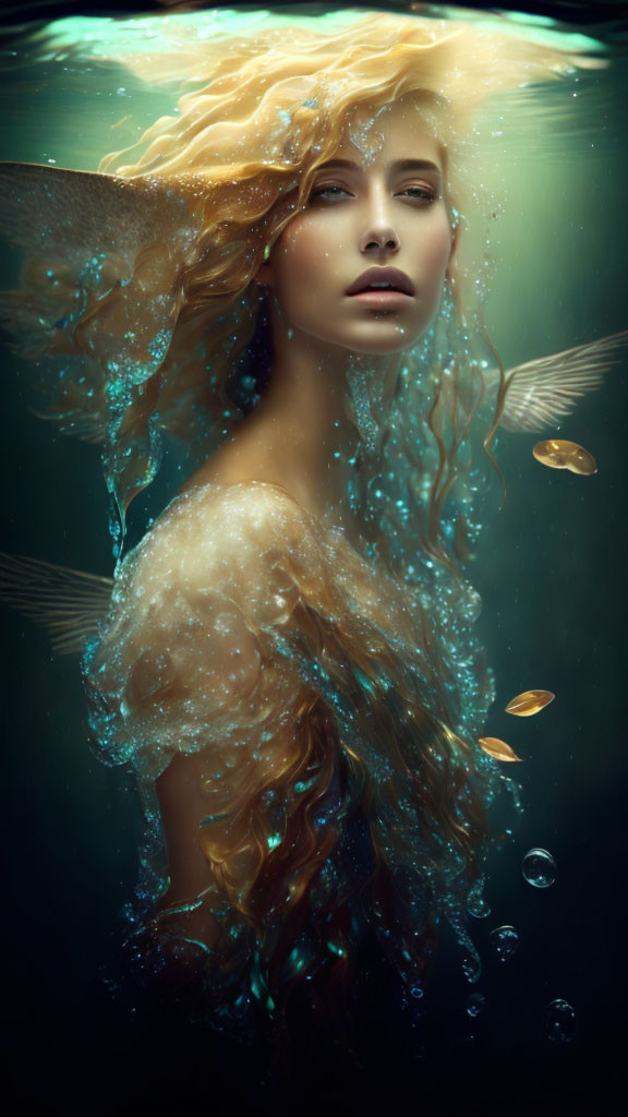 Golden-haired woman submerged in water with fish and bubbles.