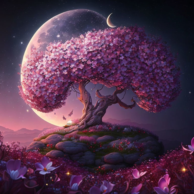 Vibrant cherry blossom tree under large moon and crescent on floral hill - starry sky scene