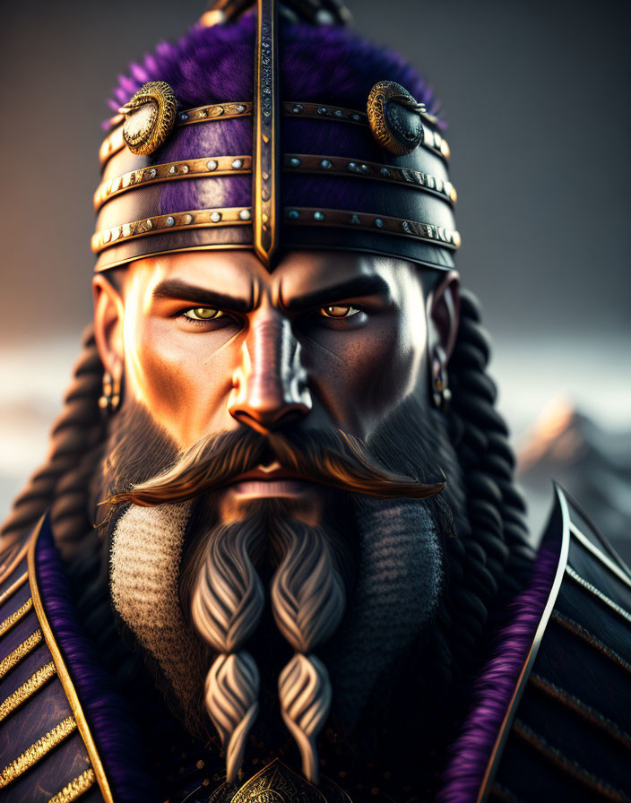 Bearded warrior with braids in regal purple and gold helmet