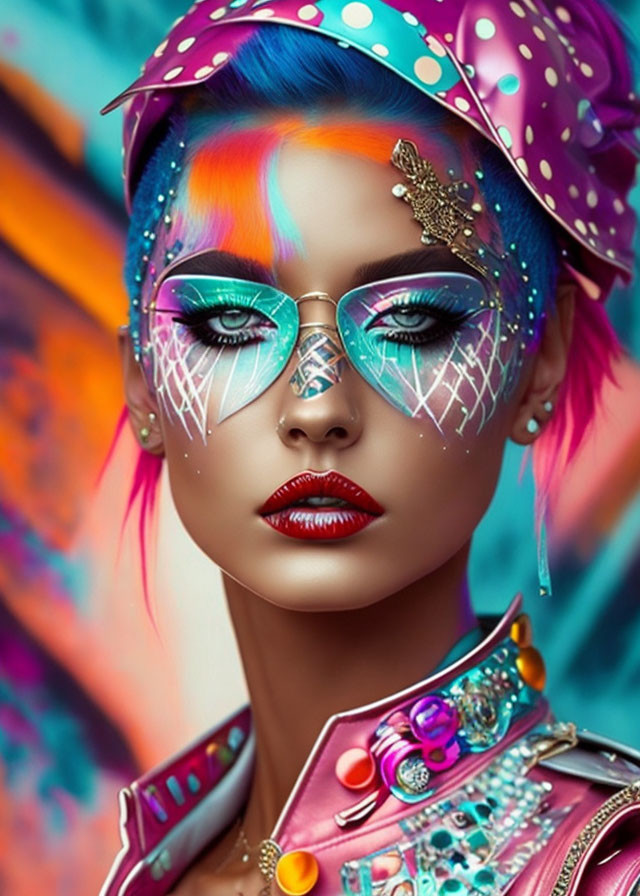 Colorful portrait of woman with blue hair, rainbow makeup, jewels, sunglasses, and pink leather jacket