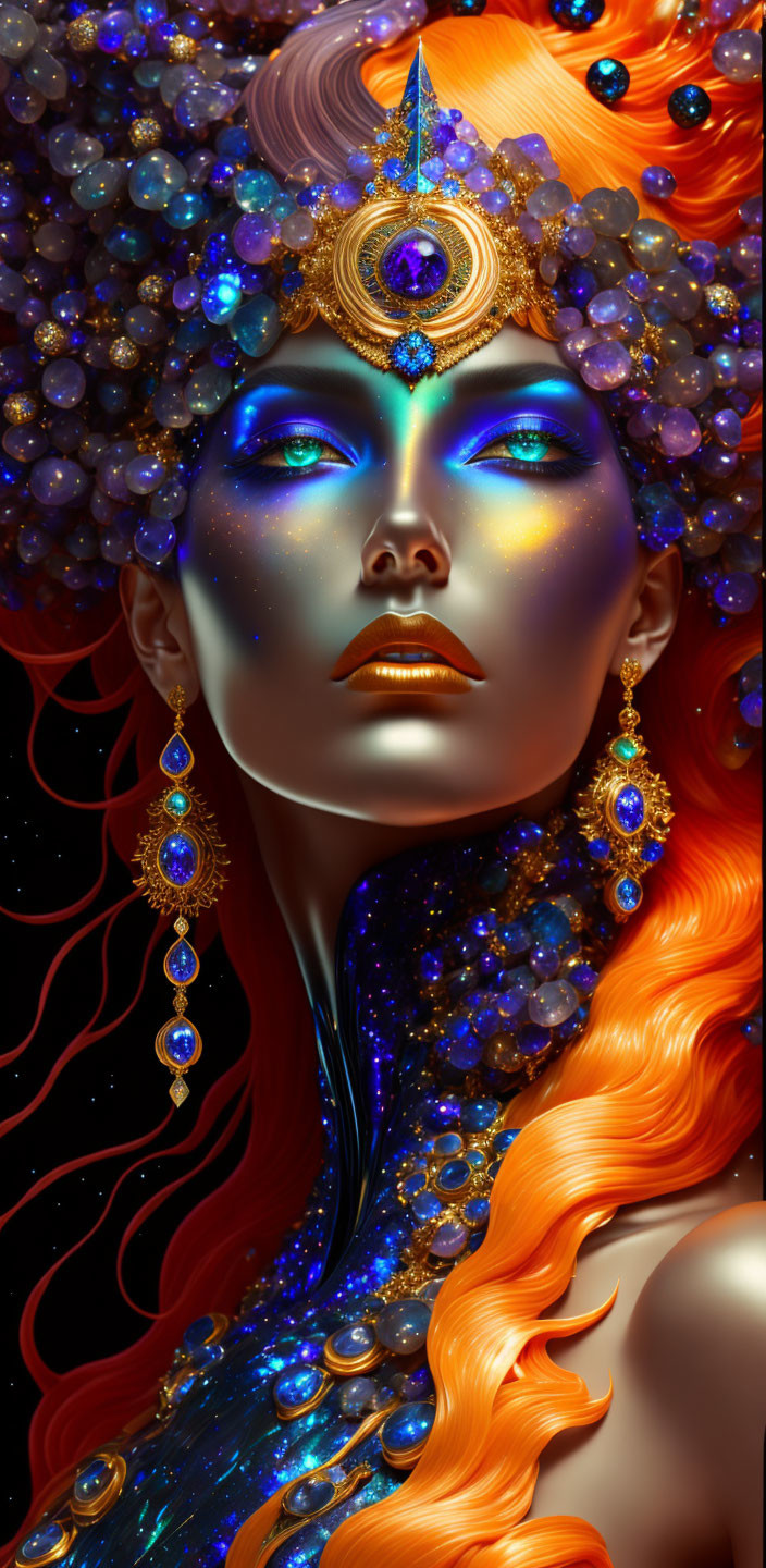 Blue-skinned figure with golden headdress and cosmic makeup on dark background