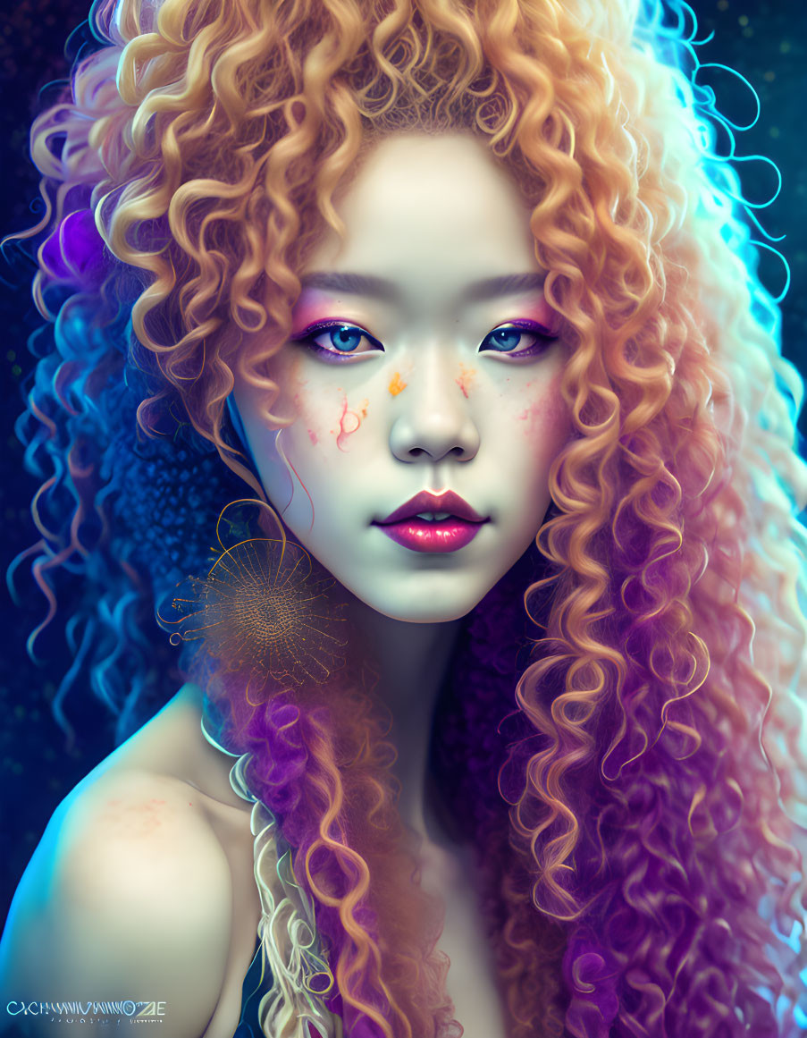 Vibrant portrait of woman with curly orange hair and purple eye makeup