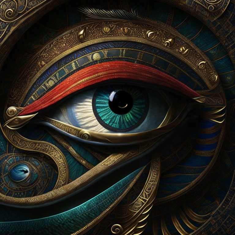 Ornate gold, blue, and red eye design with mystic Egyptian motifs