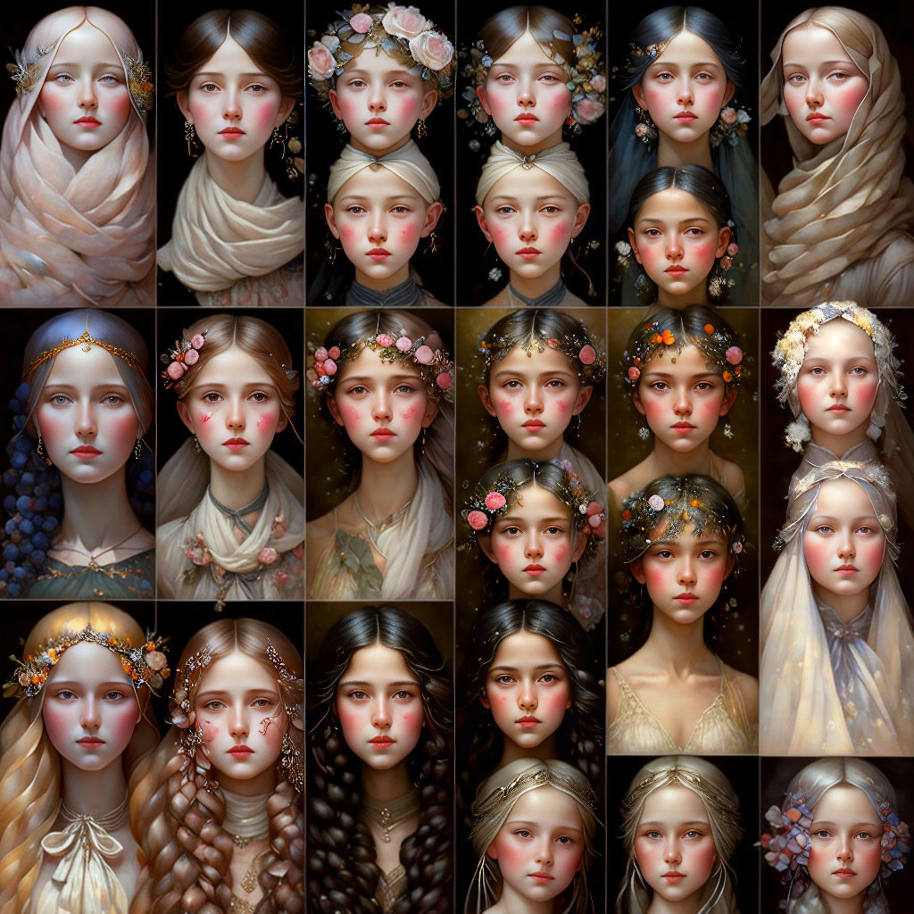 Grid of Young Women Paintings with Hairstyles & Floral Headdresses