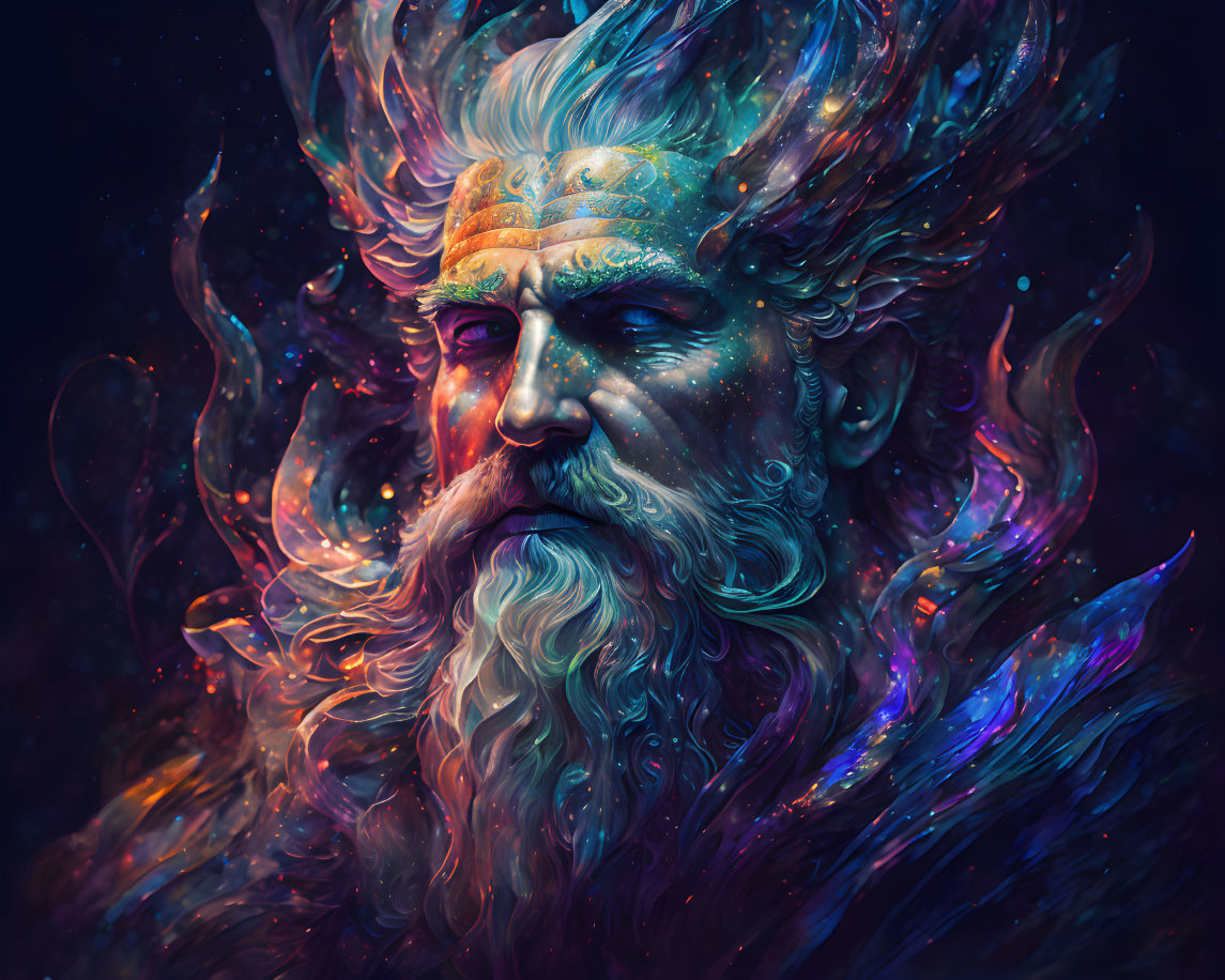 Bearded figure with crown in cosmic swirls of blues and purples