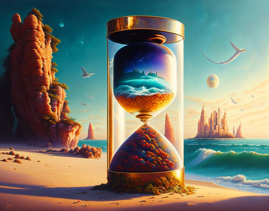 Surreal painting: Giant hourglass on beach with cityscape, seagulls, cliffs,