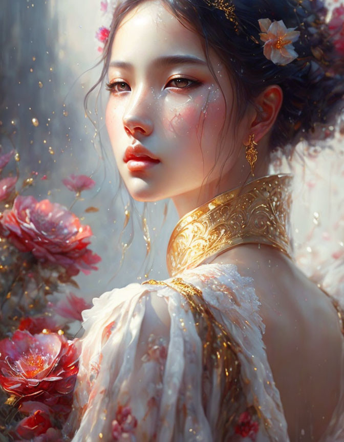 Portrait of woman with delicate features, gold accents, and flowers in serene setting