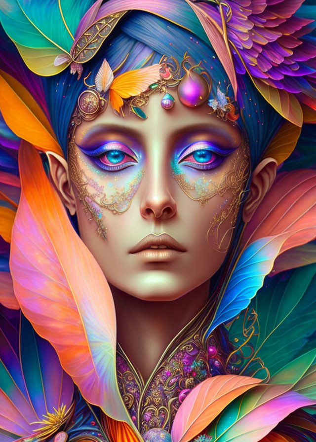 Colorful digital portrait of a woman with vibrant plumage and ornate adornments