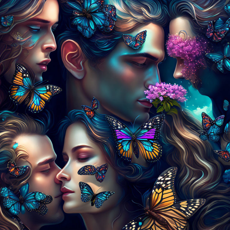 Digital Artwork: Two Couples with Butterflies and Flowers Symbolizing Romance and Nature Beauty