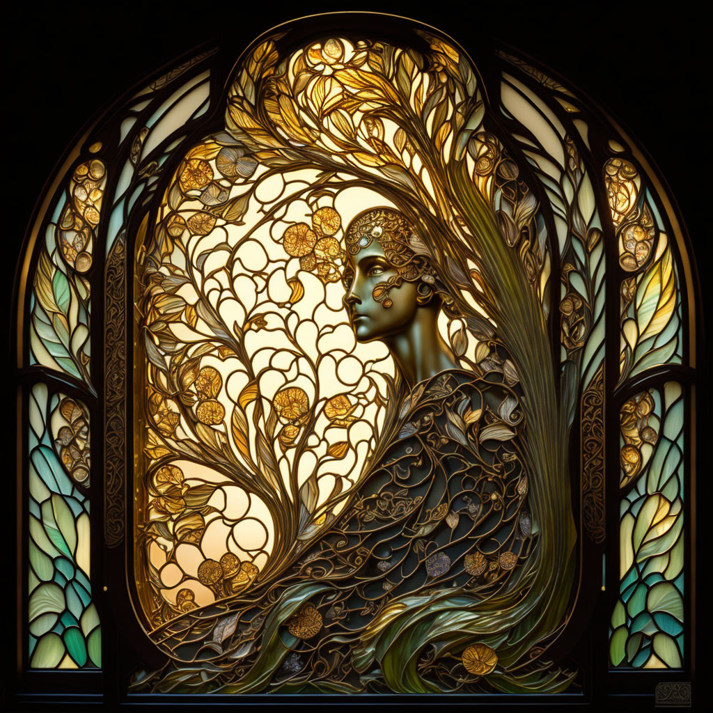 Art Nouveau Style Stained Glass Window with Female Figure and Nature Motifs