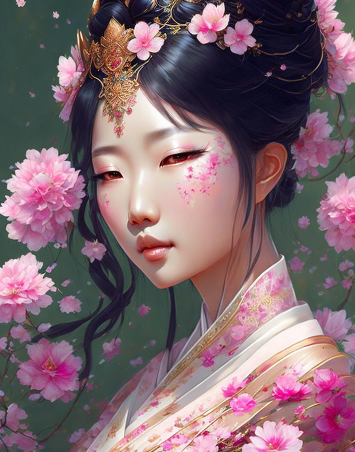 Digital portrait of woman in traditional Asian attire with ornate hairpiece among pink blossoms