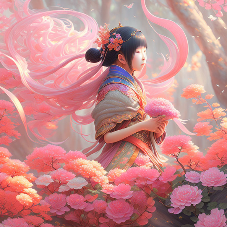 Traditional Asian attire woman surrounded by pink blossoms under soft sunlight