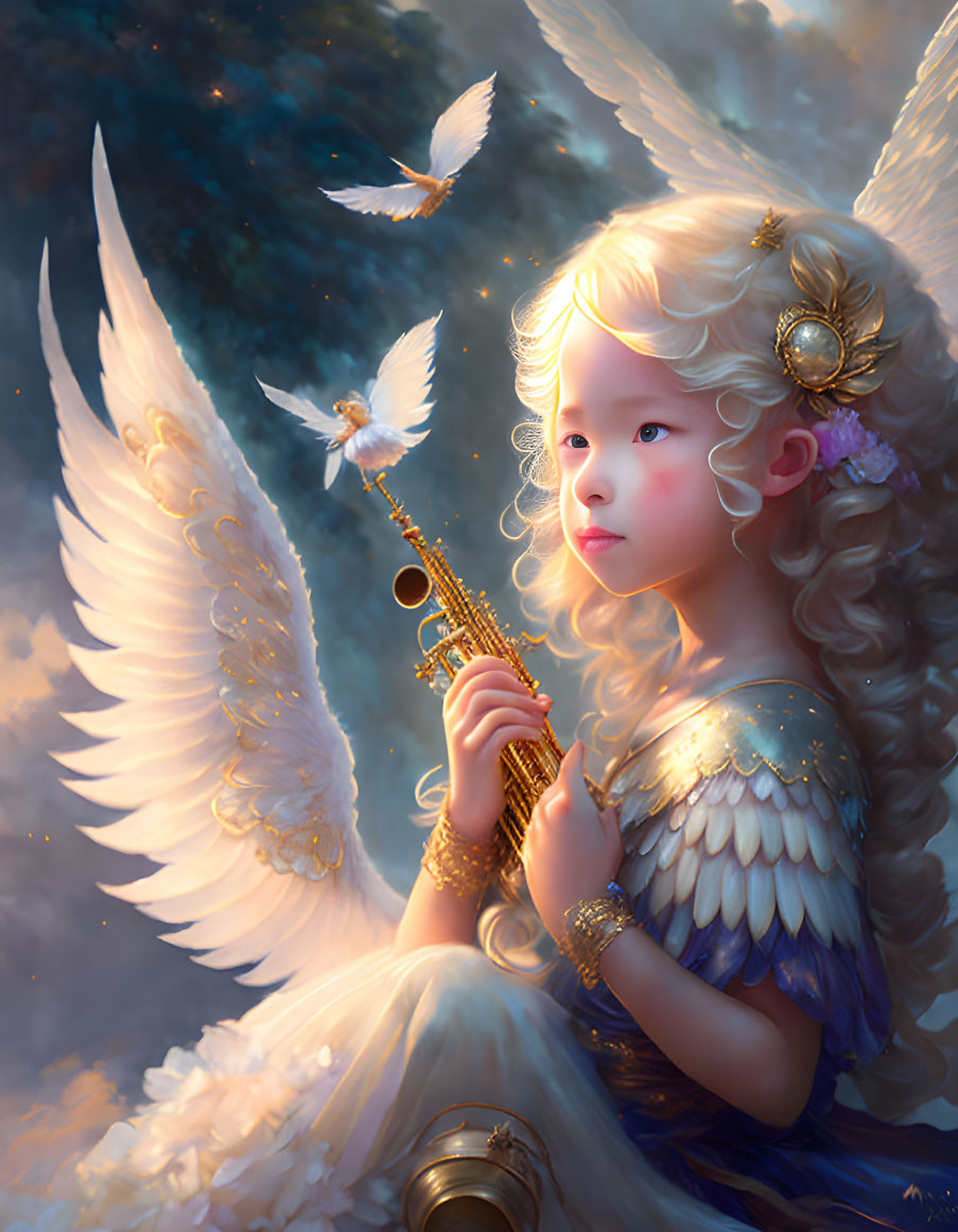 Golden-haired child with wings plays flute in radiant light with birds.