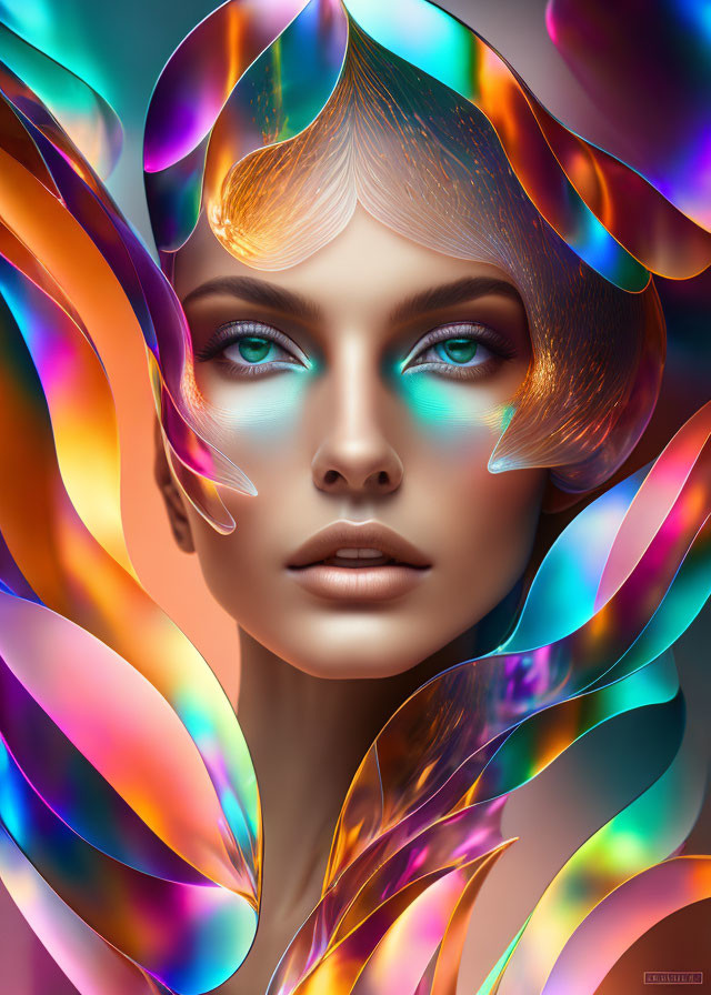 Multicolored wing-like elements on woman's portrait against teal background