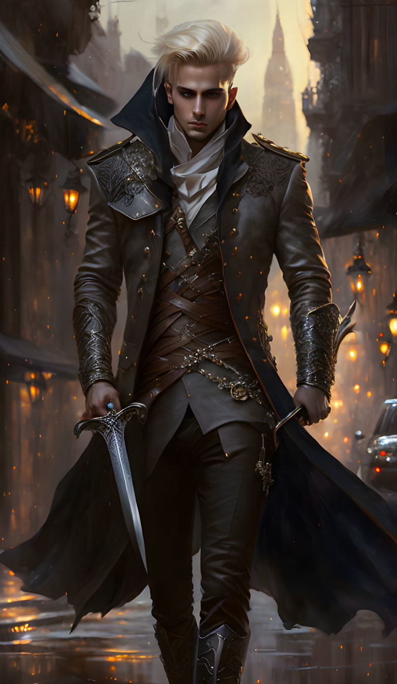 Fantasy character with white hair in dark cloak and armor in gloomy cityscape