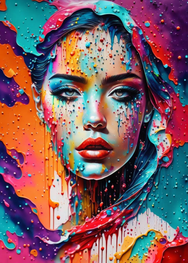 Colorful portrait of woman with dripping paint effects on teal background