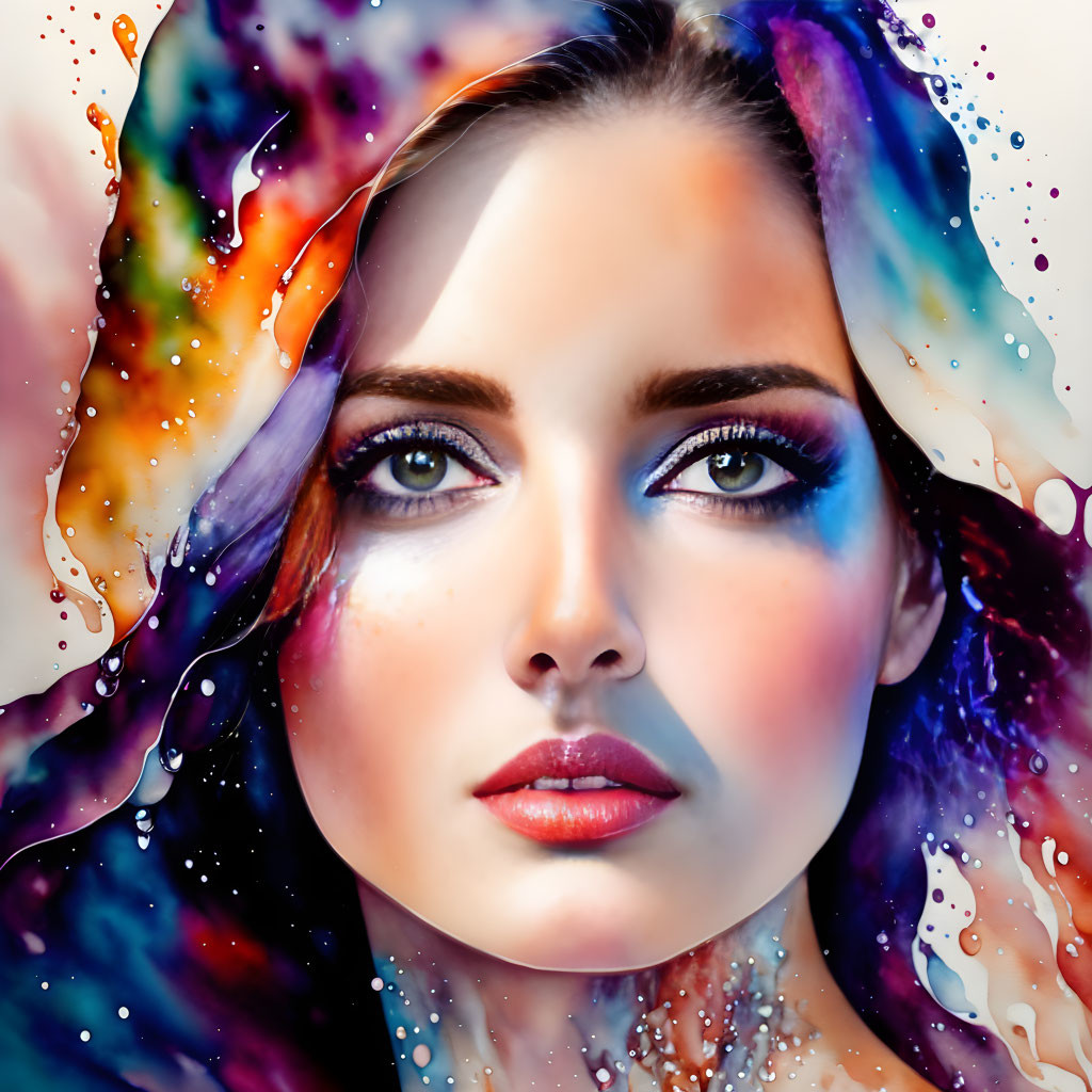 Colorful digital artwork: Woman's face with liquid-like splashes