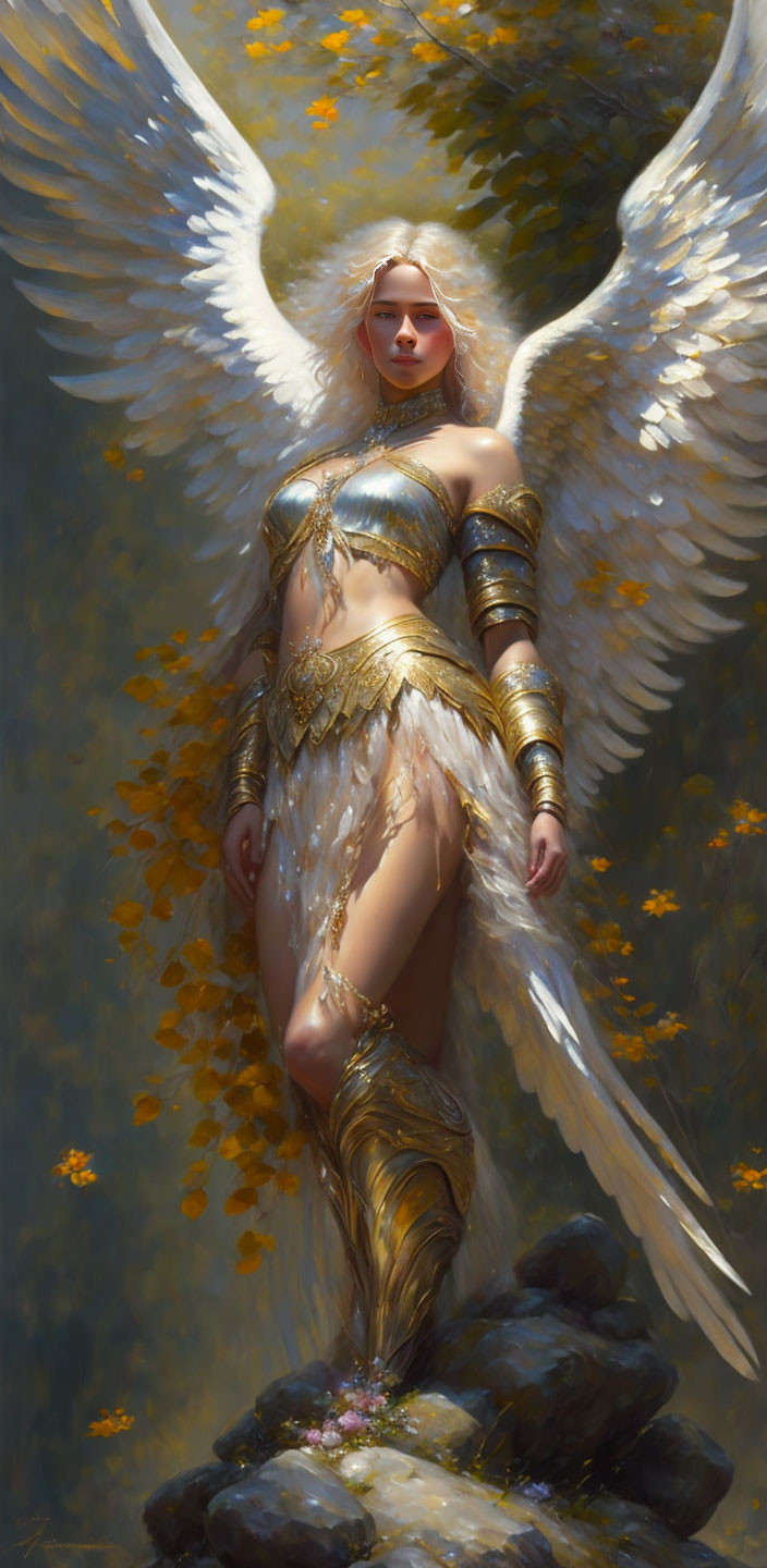 Ethereal angel with expansive wings in golden armor amidst glowing landscape