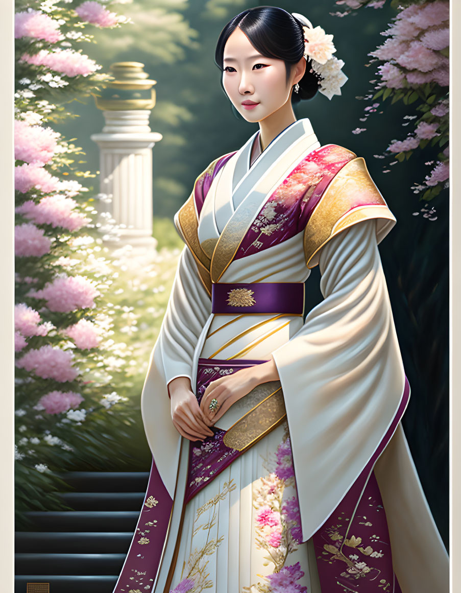 Traditional Hanbok-wearing woman in serene cherry blossom setting