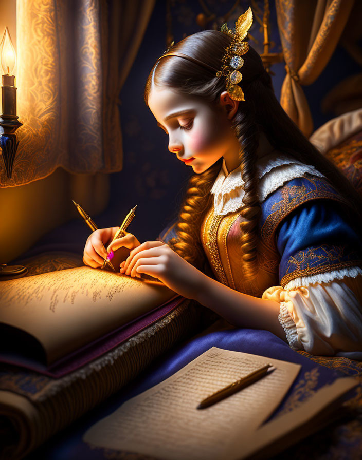 Young woman in historical dress writing with a quill by candlelight in classical setting