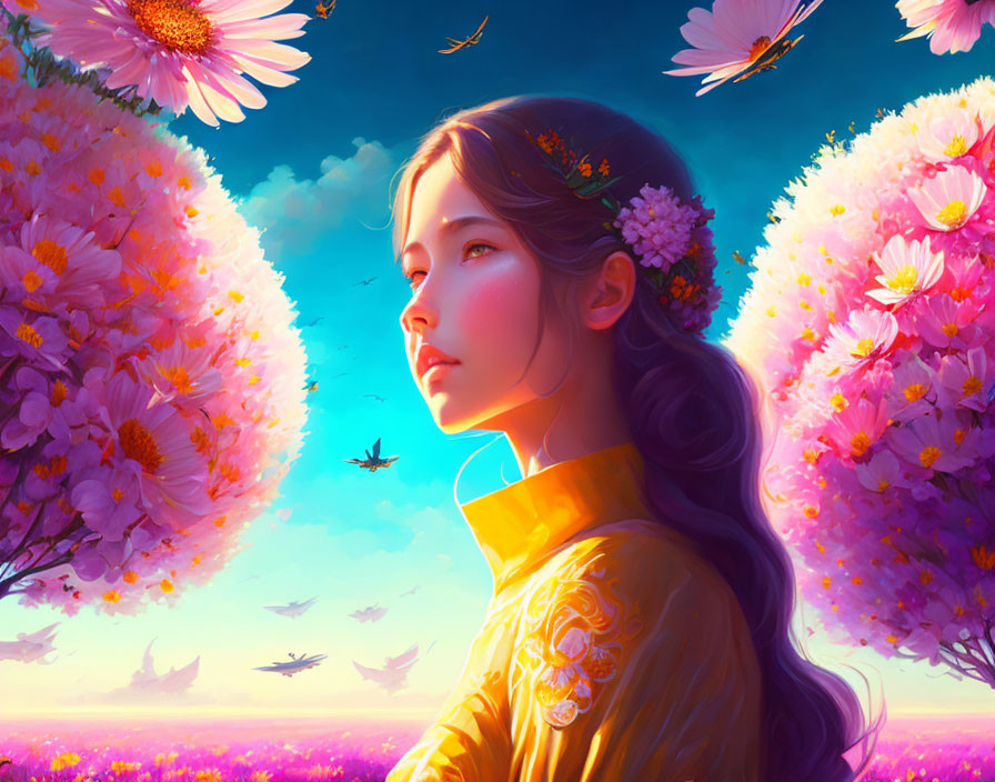 Woman with flowers in hair among pink blooms and dragonflies under warm sky