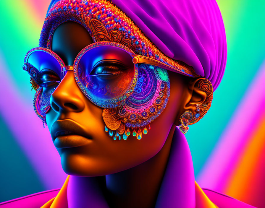 Colorful portrait of woman with turban, psychedelic sunglasses, and neon rainbow background