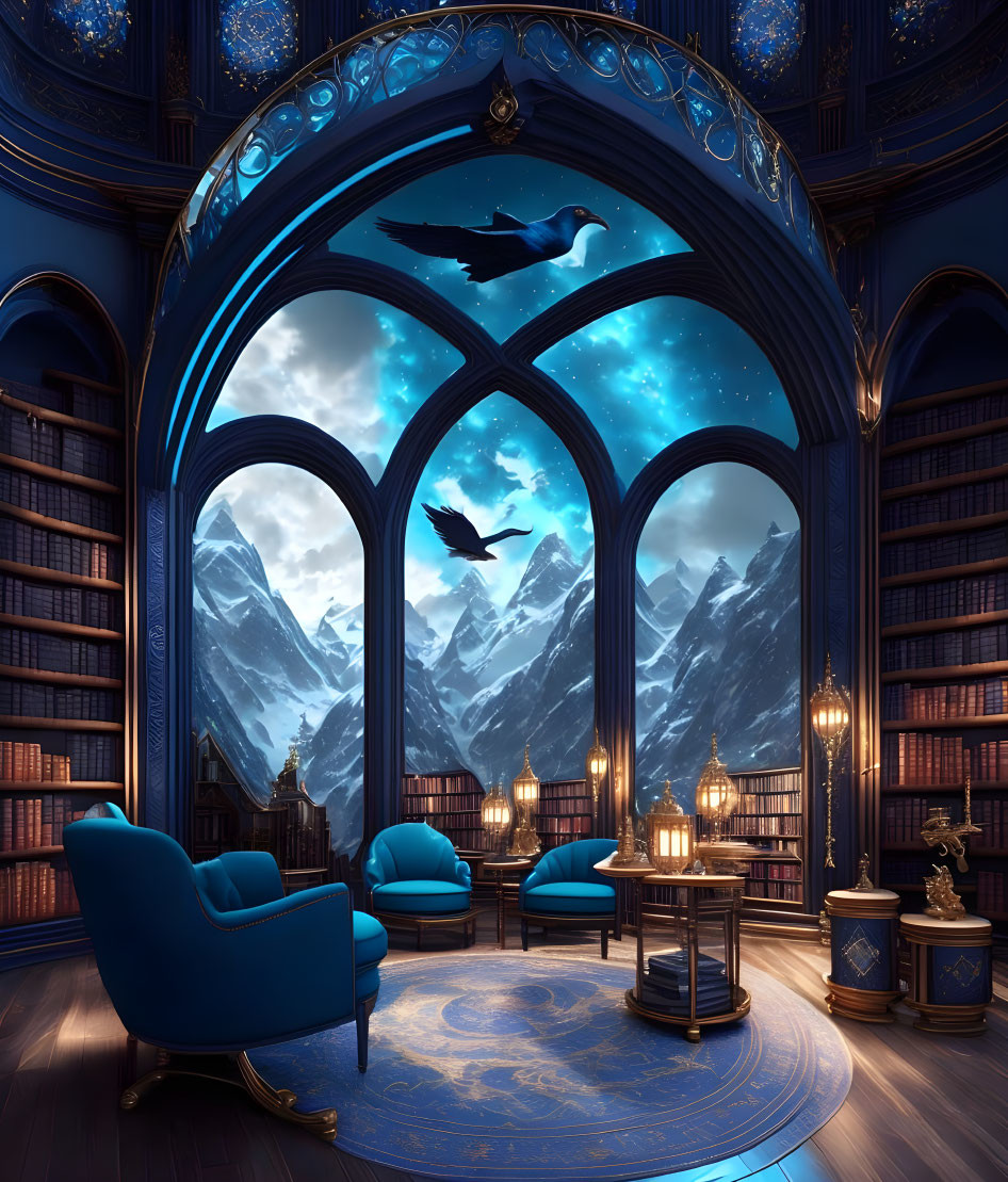 Circular library with mountain views, starry sky designs, and plush armchairs